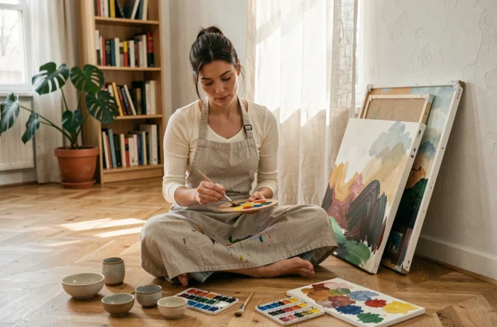 Femme en train de peindre à l'aquarelle assise sur le parquet de son salon, entourée de pinceaux et de toiles, activité créative à la maison