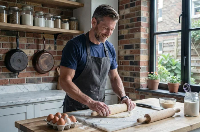 Homme qui prépare des pâtes fraîches maison dans une cuisine rustique, activité pratique et créative pour profiter de son temps libre chez soi
