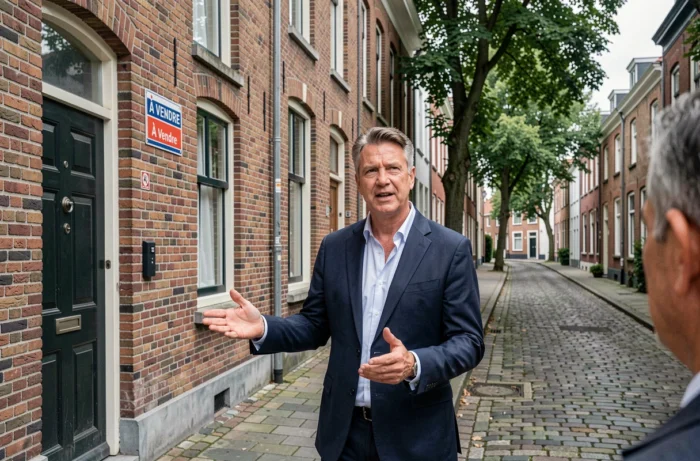 Agent immobilier présentant une maison de ville belge en briques rouges à vendre dans une rue pavée