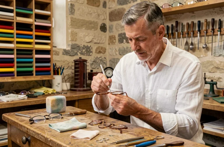 Artisan opticien français façonnant une monture de lunettes en acétate dans un atelier traditionnel parisien