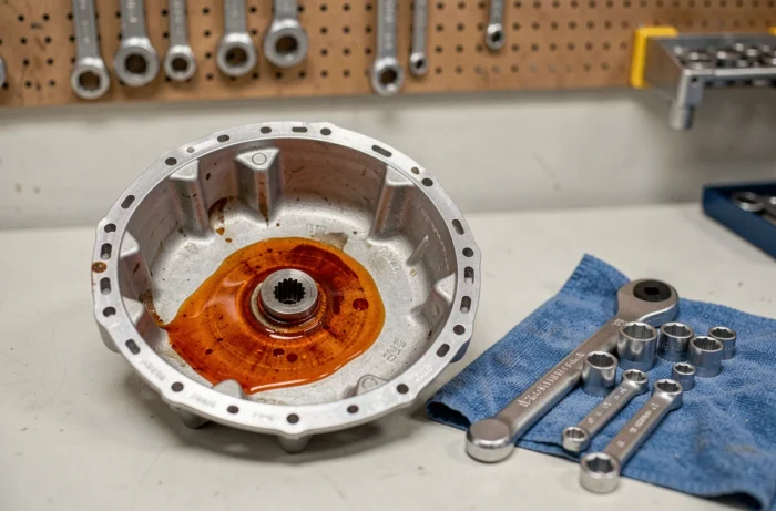 Carter d'huile de la boîte automatique EAT8 déposé sur un établi avec du liquide de transmission et des outils de vidange