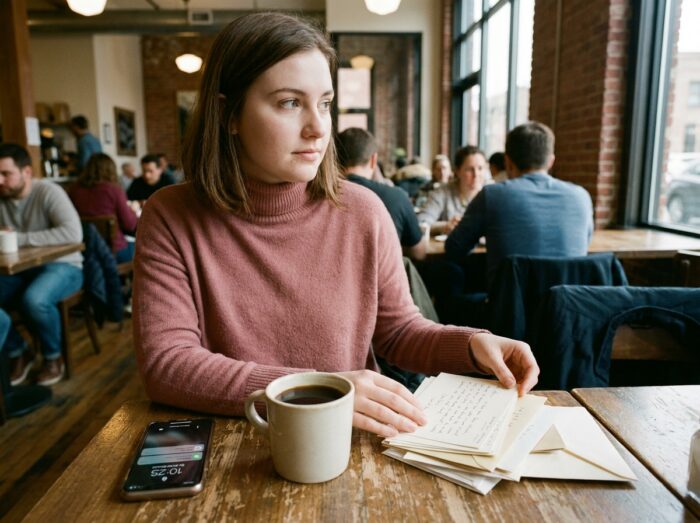 Jeune femme arrangeant des cartes de remerciement manuscrites dans un café, téléphone posé sans notification