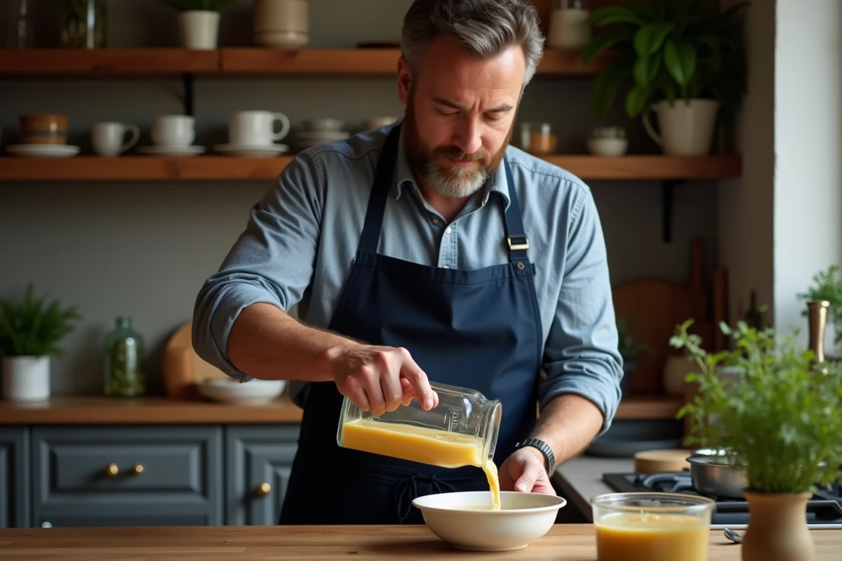 Chef homme versant une soupe dans un bol en cuisine chaleureuse