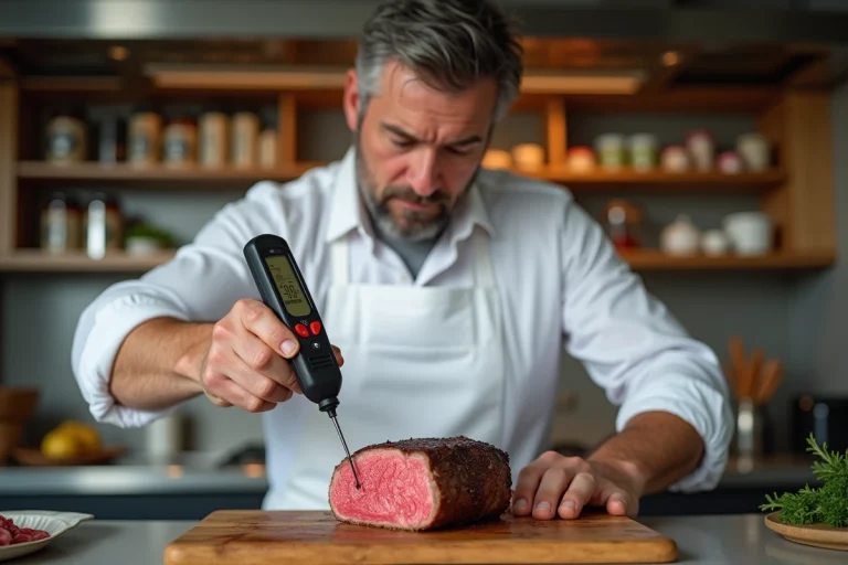 Homme en tablier vérifiant la cuisson du filet mignon