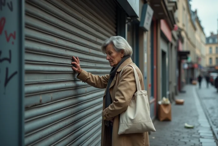 Cliente fidèle devant le rideau fermé de la boutique Bouchara Paris avec une expression nostalgique