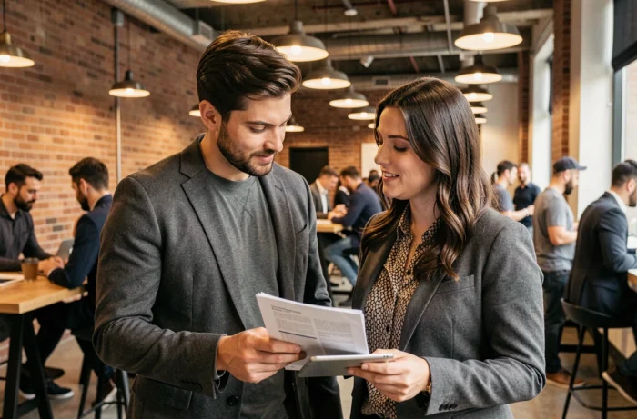 Deux professionnels collaborant sur des rapports de tendances business dans un espace de coworking moderne aux murs en briques, analyse des tendances 2024