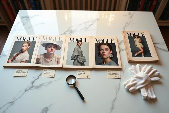 Collection de rares numéros de Vogue de différentes décennies disposés en flat-lay sur marbre blanc avec gants de conservation