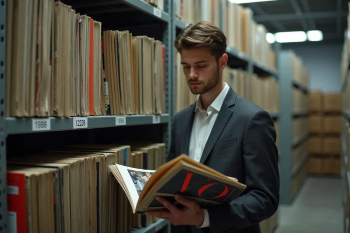 Jeune collectionneur consultant un numéro iconique de Vogue devant une armoire d'archives organisée par décennies