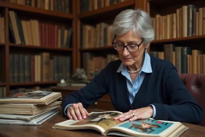 Collectionneuse examinant un numéro vintage de Vogue des années 1960 dans une bibliothèque remplie de magazines de mode anciens
