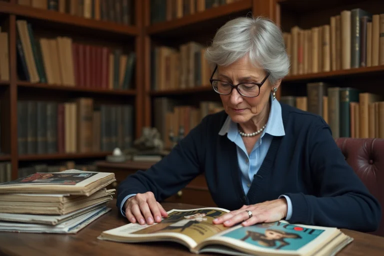 Collectionneuse examinant un numéro vintage de Vogue des années 1960 dans une bibliothèque remplie de magazines de mode anciens