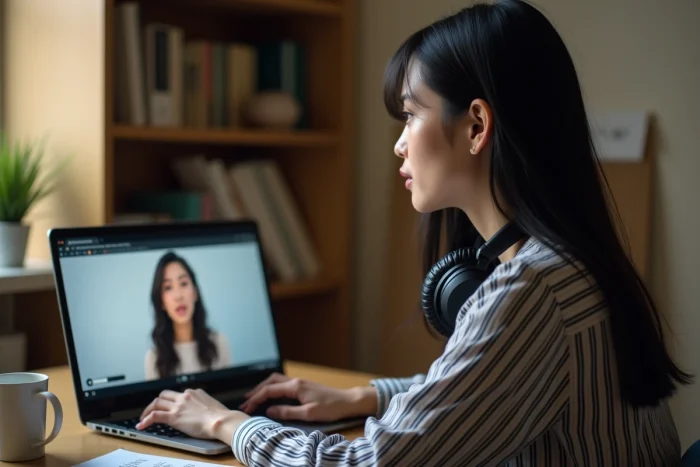 Candidate travaillant sa communication paraverbale en s'écoutant sur un enregistrement vidéo