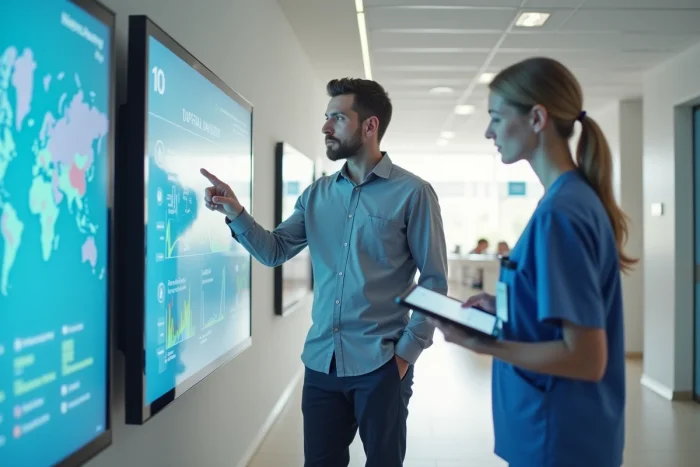 Conseiller de France Médicale présentant un tableau de bord de parcours de soins à une infirmière dans un couloir hospitalier moderne
