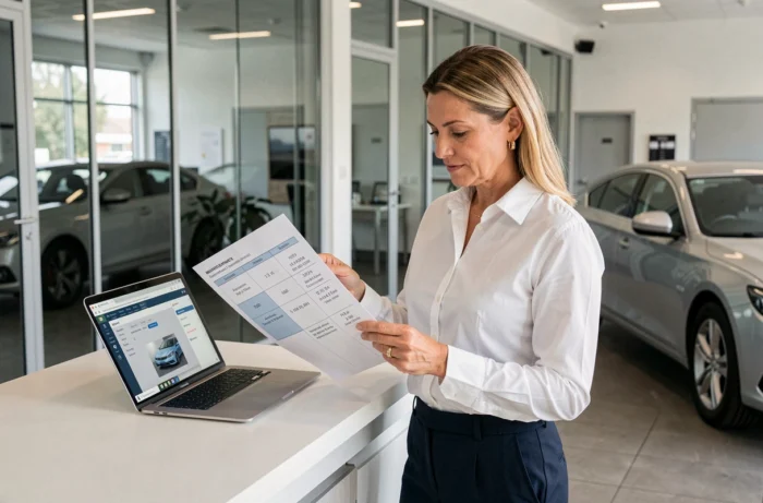 Conseillère après-vente en concession présentant le programme d'entretien et les coûts de vidange pour une boîte automatique EAT8