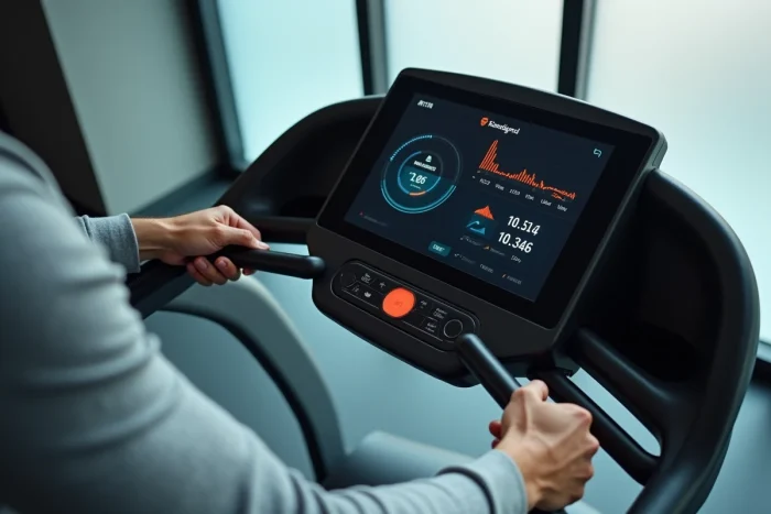 Gros plan sur la console tactile du tapis de course Sportstech F17 affichant les statistiques d'entraînement