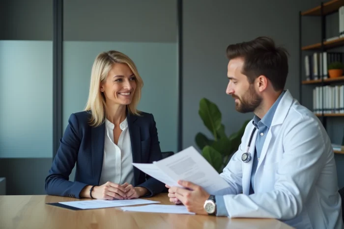 Consultante médicale accompagnant un médecin généraliste dans une revue de documents cliniques dans un cabinet médical moderne en France