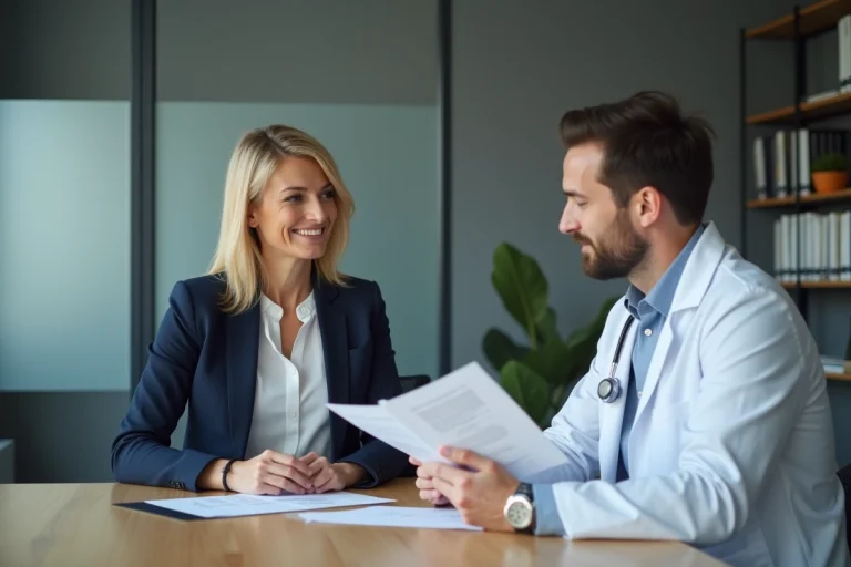 Consultante médicale accompagnant un médecin généraliste dans une revue de documents cliniques dans un cabinet médical moderne en France