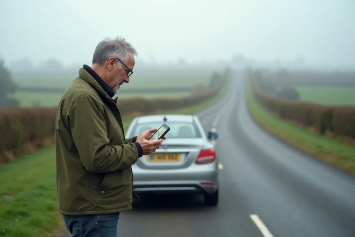 Homme consultant un itinéraire multi-étapes sur smartphone au bord d'une route de campagne à côté de sa voiture