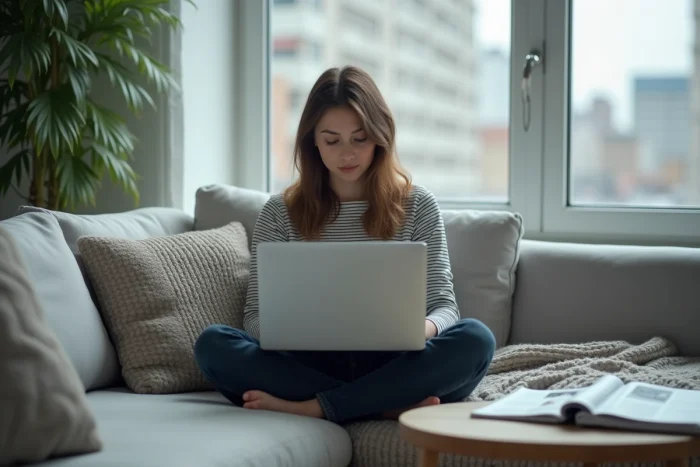 Jeune femme téléchargeant et consultant des magazines sur ordinateur portable dans un salon contemporain