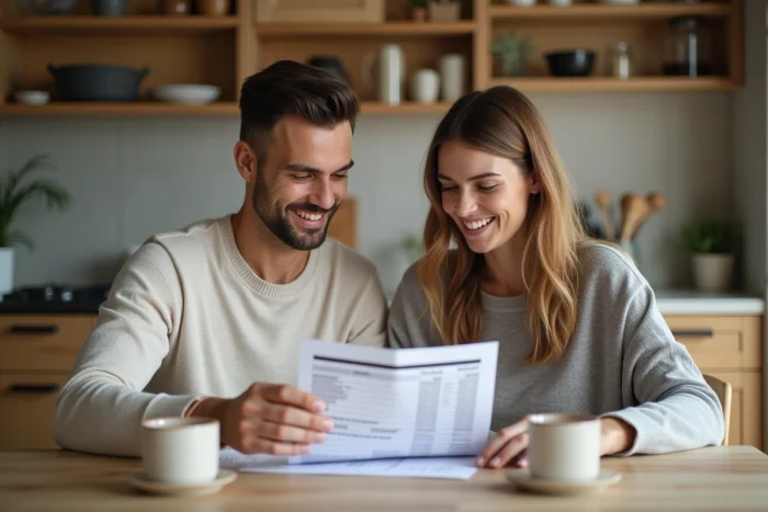 Couple discutant de leur budget et de leur liberté financière autour d'une table dans un appartement moderne