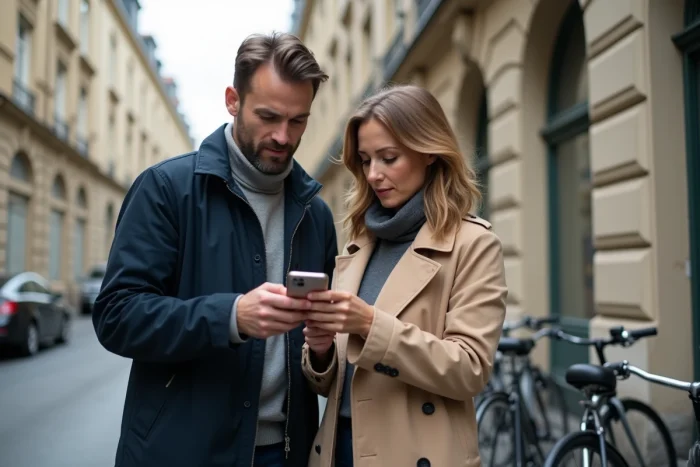 Couple consultant une application immobilière sur smartphone devant un immeuble en ville