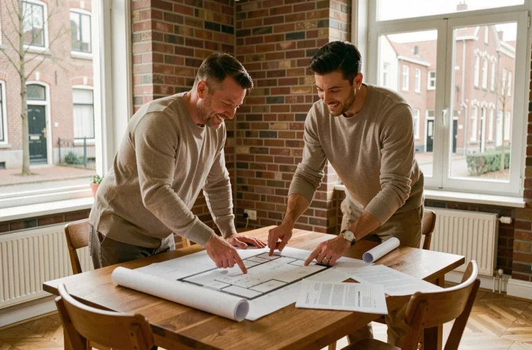 Couple belge étudiant des plans architecturaux pour leur projet immobilier dans une maison de ville moderne