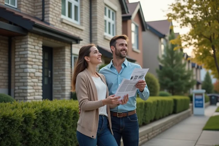 Couple visitant une maison à vendre avec une annonce immobilière à la main
