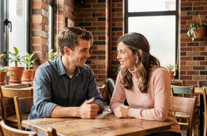 Deux jeunes adultes aux expressions de genre variées discutant dans un café chaleureux, symbolisant l'échange et la compréhension des identités demiboy et demigirl