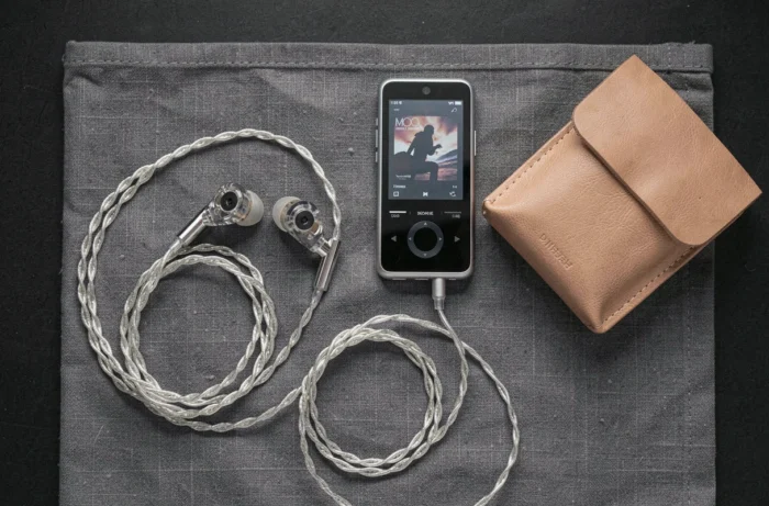 Écouteurs intra-auriculaires premium et lecteur audio numérique haute résolution disposés en flat-lay sur tissu gris
