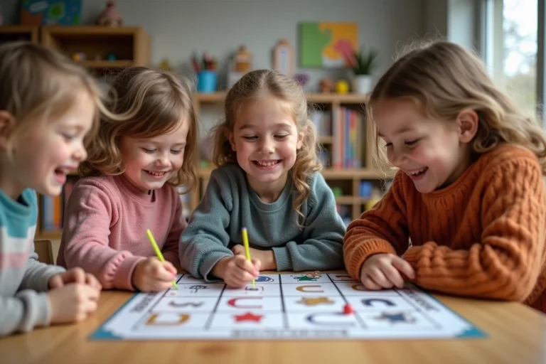 Enfants créant un jeu de société dans une classe chaleureuse