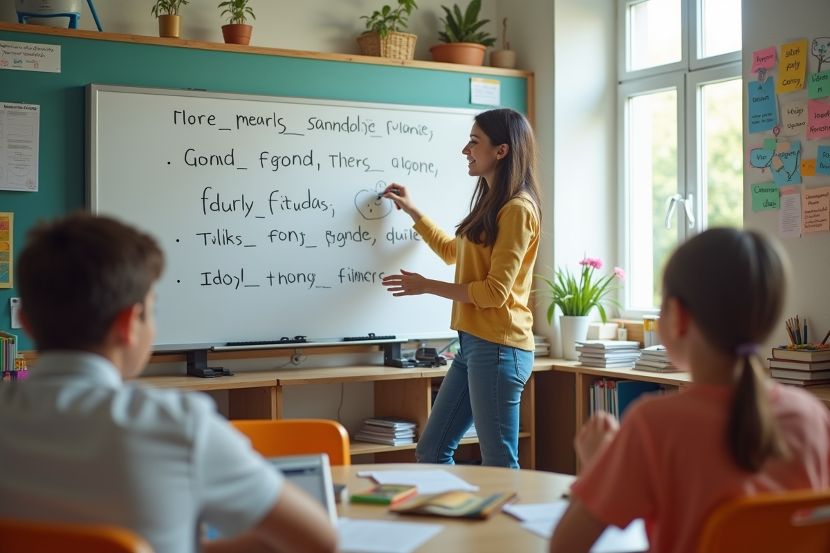 Enseignant écrivant des jeux de mots sur un tableau blanc