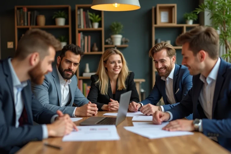 Groupe d'entrepreneurs français en réunion dans un espace coworking