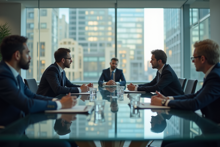 Groupe de professionnels en réunion stratégique en salle moderne