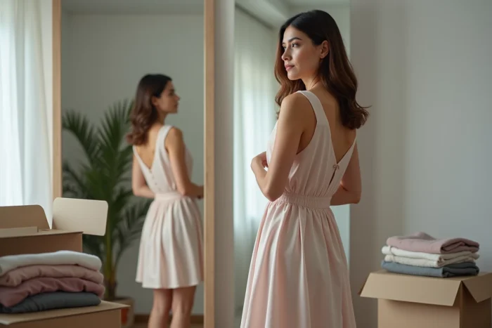 Femme essayant une robe reçue en livraison et vérifiant la taille devant un miroir à domicile