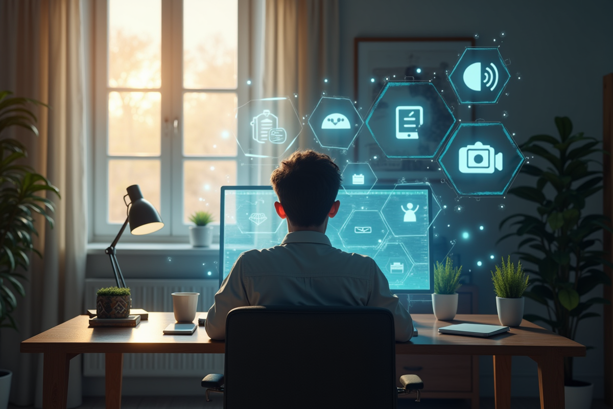 Étudiant seul à son bureau avec interfaces holographiques de services en ligne