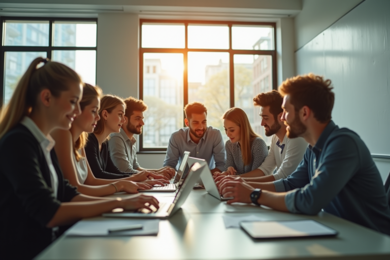 Étudiants en école de commerce collaborant avec tablettes dans une salle lumineuse