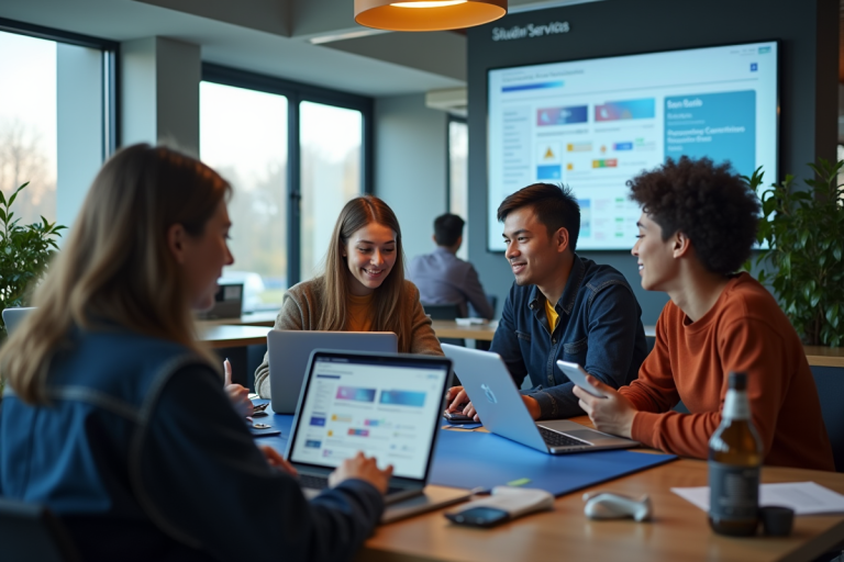 Groupe d'étudiants utilisant ordinateurs et smartphone dans un lounge moderne