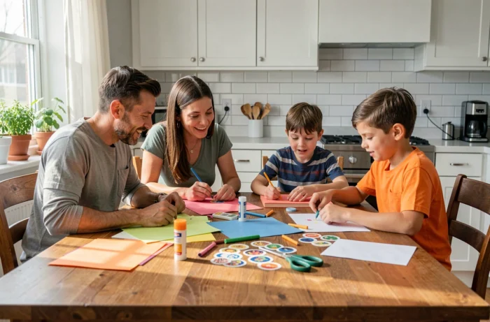 Famille réunie autour d'une table de cuisine pour un atelier créatif avec des activités manuelles