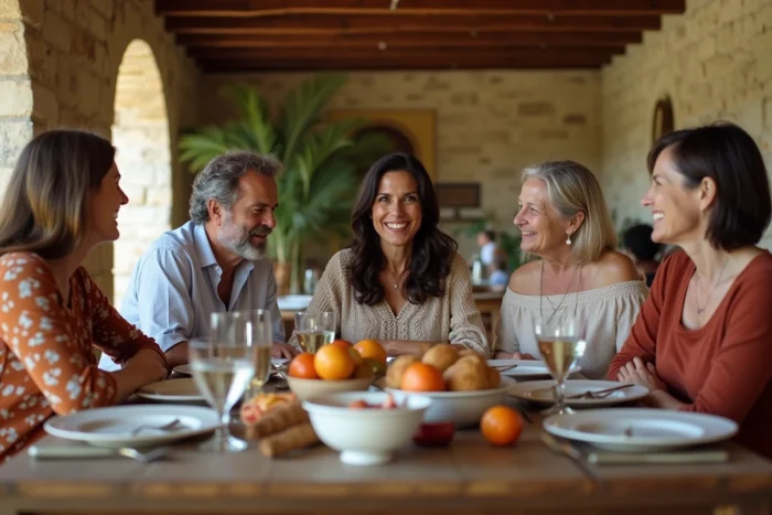 Famille méditerranéenne multigénérationnelle réunie autour d'une table en bois dans une maison provençale, illustrant les racines et l'influence familiale