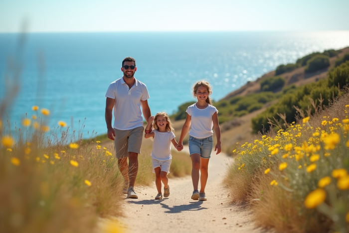 Famille souriante marchant au bord de la mer ensoleillée