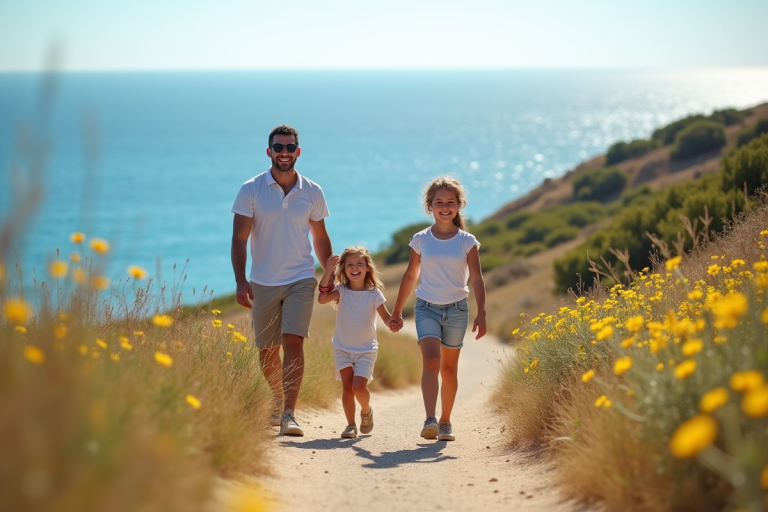 Famille souriante marchant au bord de la mer ensoleillée
