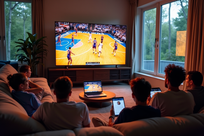Fans de basketball regardant un match à la maison