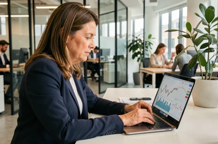 Femme d'affaires analysant des graphiques financiers sur un ordinateur portable dans un bureau moderne en open space, tendances business 2024