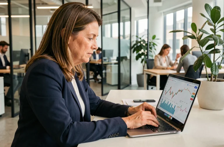 Femme d'affaires analysant des graphiques financiers sur un ordinateur portable dans un bureau moderne en open space, tendances business 2024