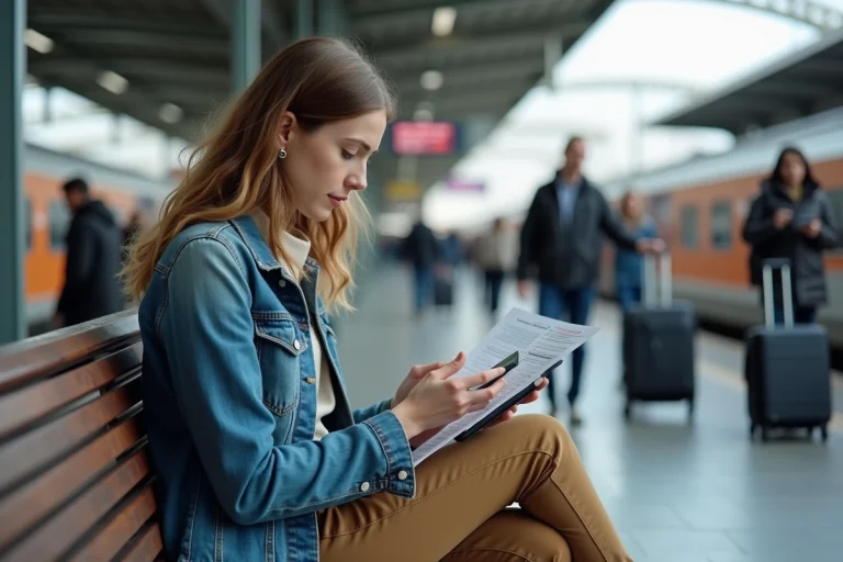Jeune femme à la station européenne vérifiant son itinéraire