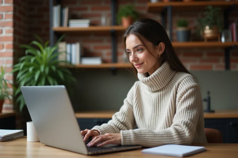 Femme concentrée travaillant sur son ordinateur dans un appartement moderne