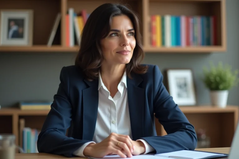 Femme en bureau à domicile avec étagères et photos