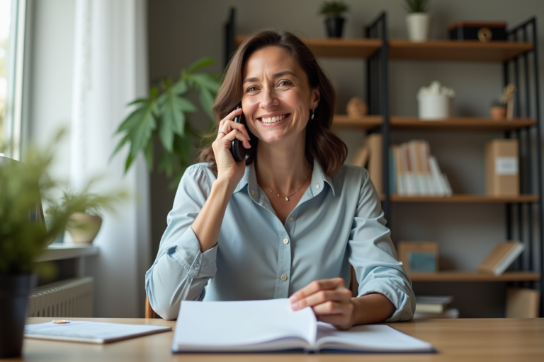 Femme d'âge moyen souriante au bureau à domicile