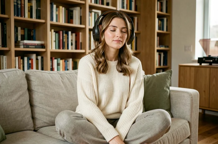 Femme portant un casque audio studio en écoutant de la musique dans un appartement moderne et chaleureux