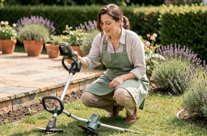 Femme comparant deux modèles de taille-bordures dans son jardin avant d'effectuer son choix d'achat