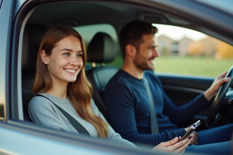 Jeune femme souriante dans sa voiture en discussion